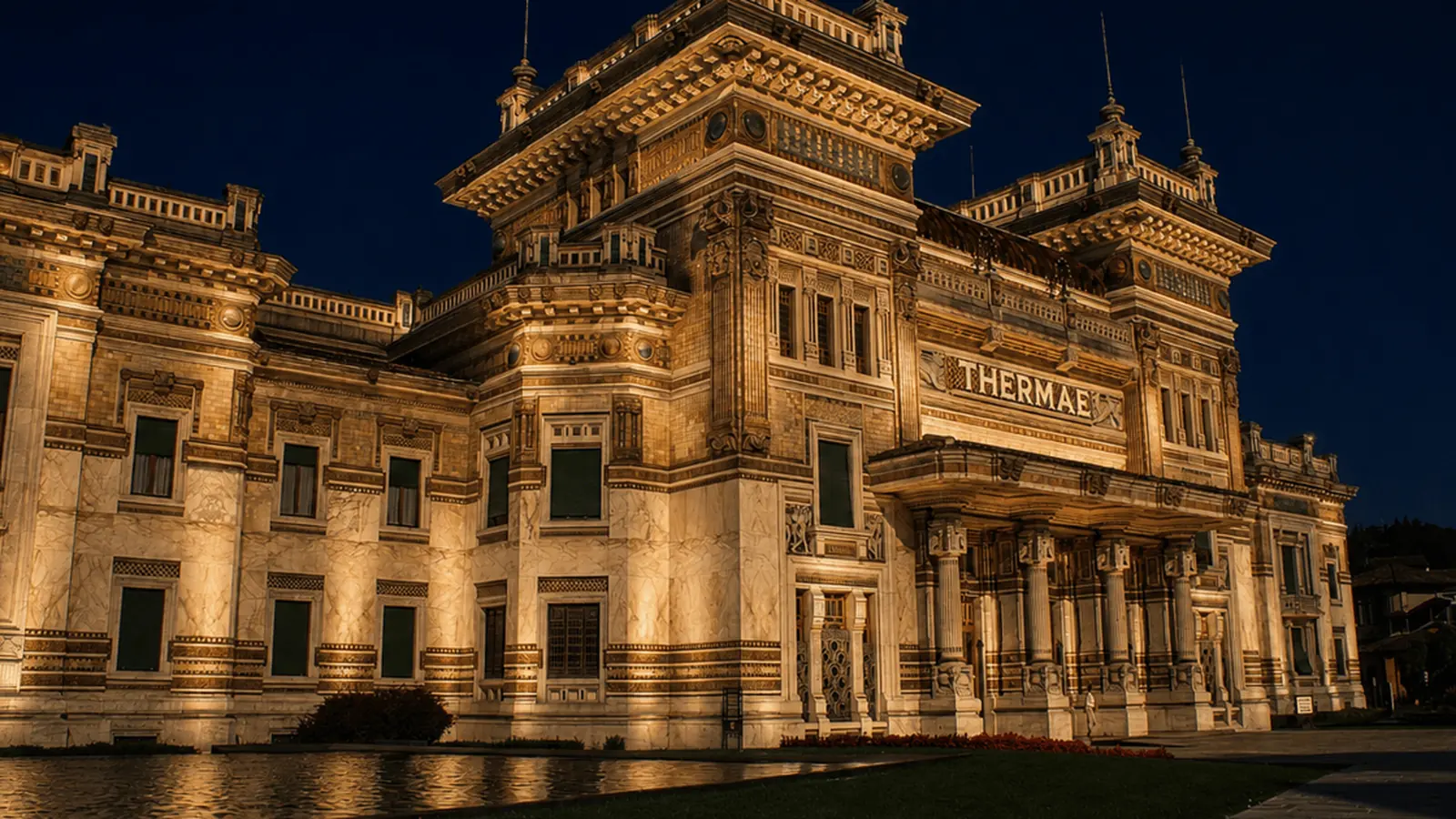 The Liberty facade of the Palazzo Berzieri lit up at night, with the word THERMAE above the columns